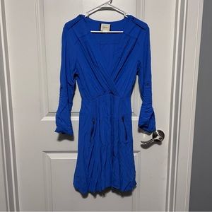 Anthropologie Maeve Solid Bright Blue Long Sleeve V-Neck Flowy Cute Dress